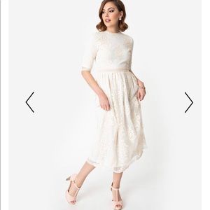 Vintage Style Ivory Embroidered Lace Midi Dress